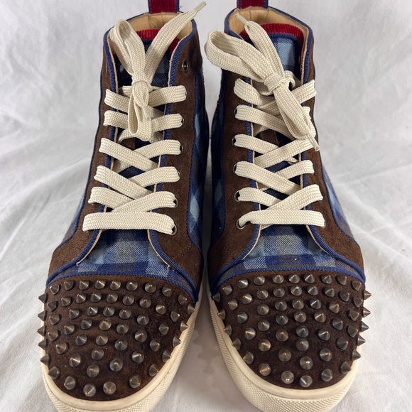 CHRISTIAN LOUBOUTIN Multicolor Blue Spikes Flat Crosta High Top Sneakers 43-10US - Picture 4 of 17